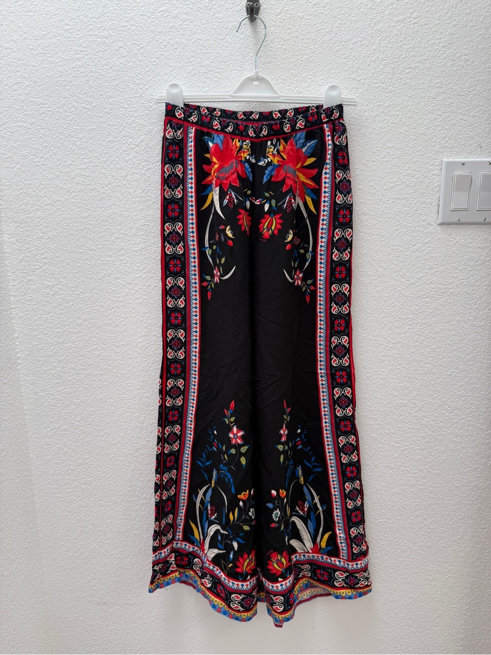 Flying Tomato Black Wide-Leg Floral Print Pants with Red & Blue Accents